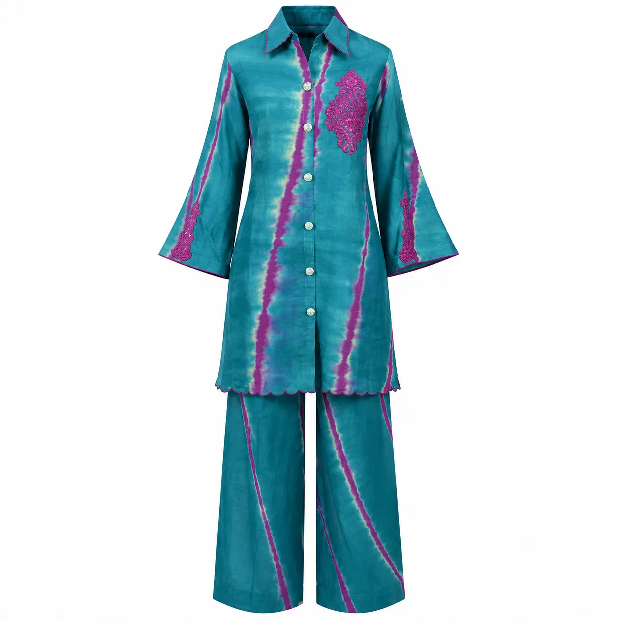 Teal & Fuchsia Tie-Dye Embroidered Tunic Set